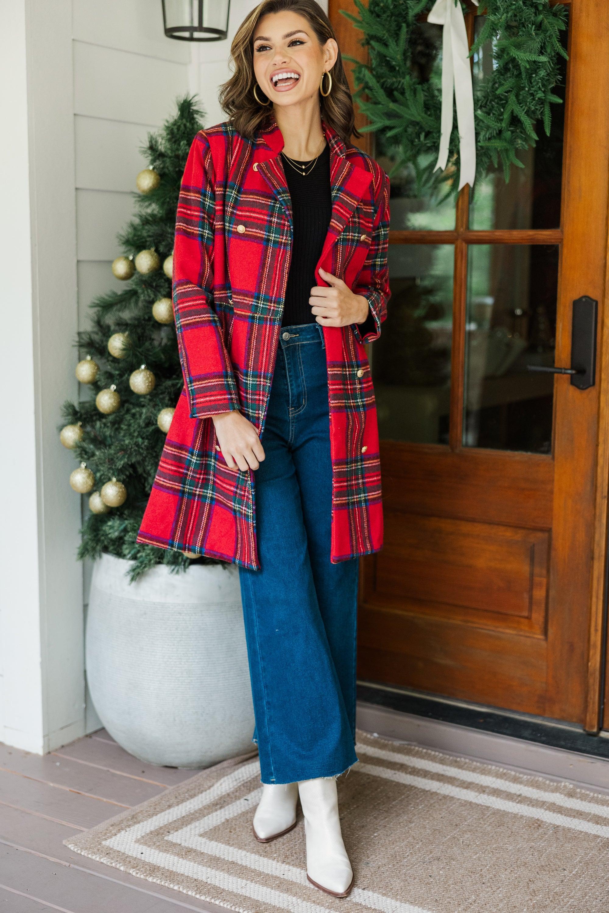 City Streets Red Plaid Coat Female Product Image