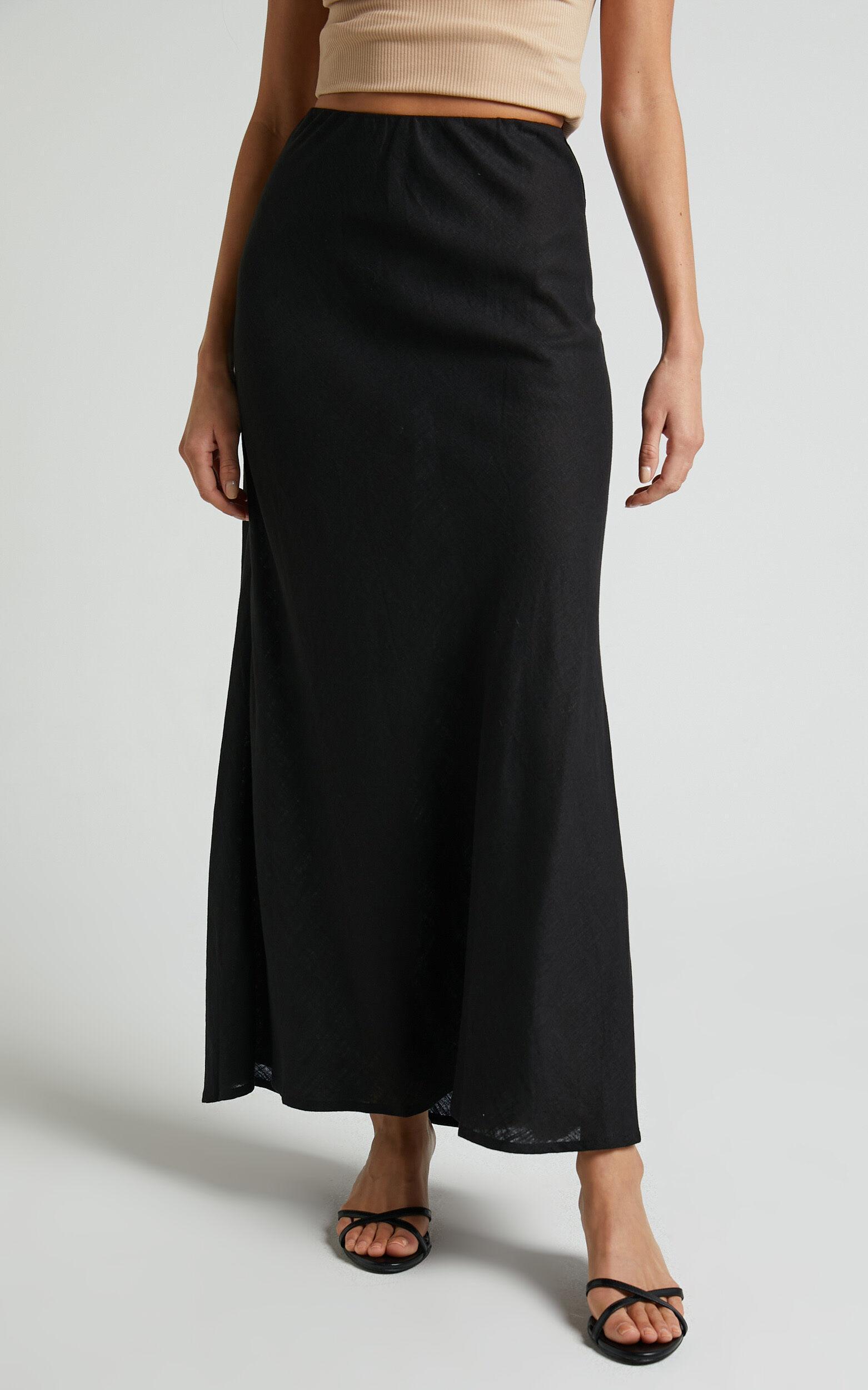 Collins Midi Skirt - Linen Look High Waisted Linen Look Bias Slip Skirt in Black Product Image