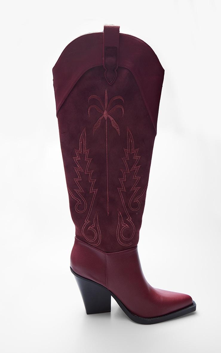 Burgundy Faux Suede Point Toe Knee High Stitch Detail Block Heel Western Boots Product Image