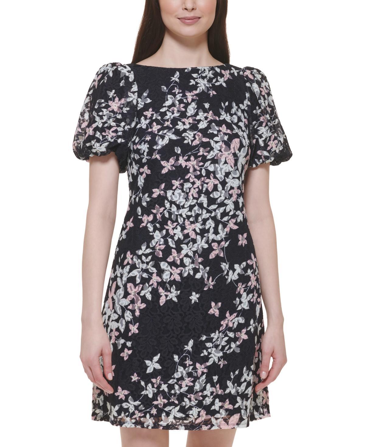 Jessica Howard Womens Floral-Print Puff-Sleeve Lace Sheath Dress Product Image