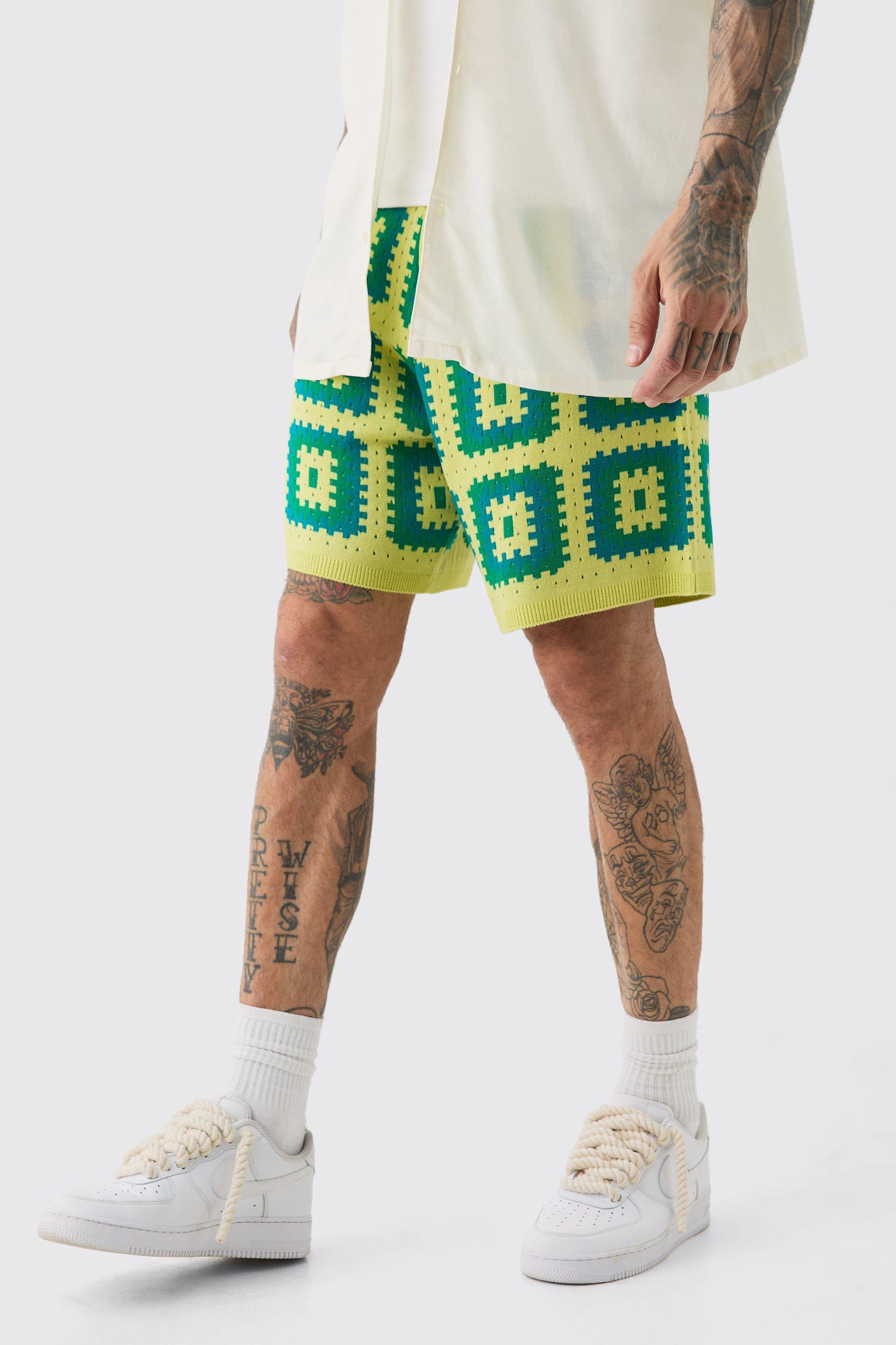 Mens Green Tall Crochet Relaxed Fit Shorts, Green Product Image