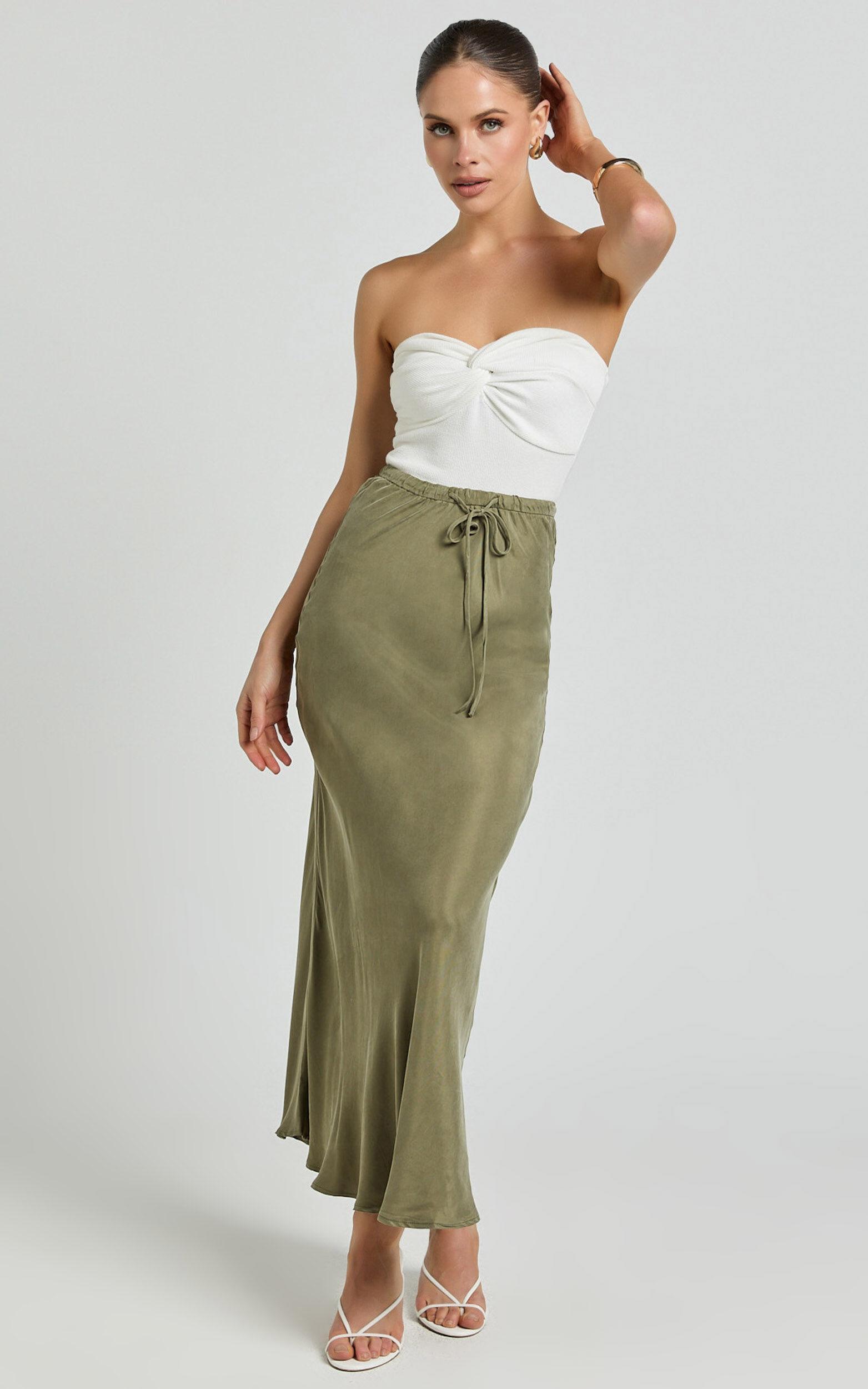 Wilhelmine Maxi Skirt - Cupro High Waisted Drawstring Slip Skirt in Moss Product Image