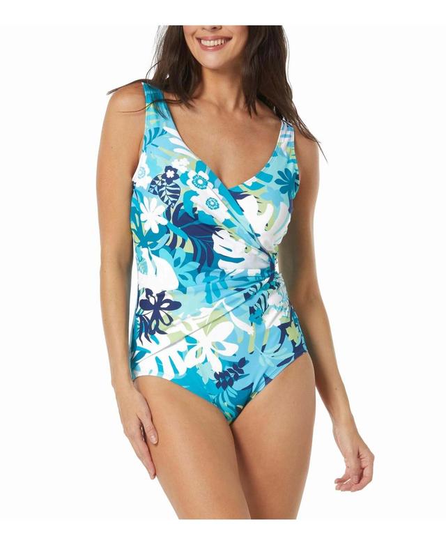 Roxanne Womens Palm Print Bra d Draped Sash One Piece Swimsuit Product Image