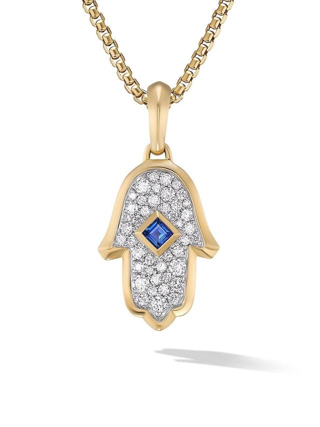 Womens Hamsa Amulet in 18K Yellow Gold with Pav Diamonds and Blue Sapphire, 26MM Product Image