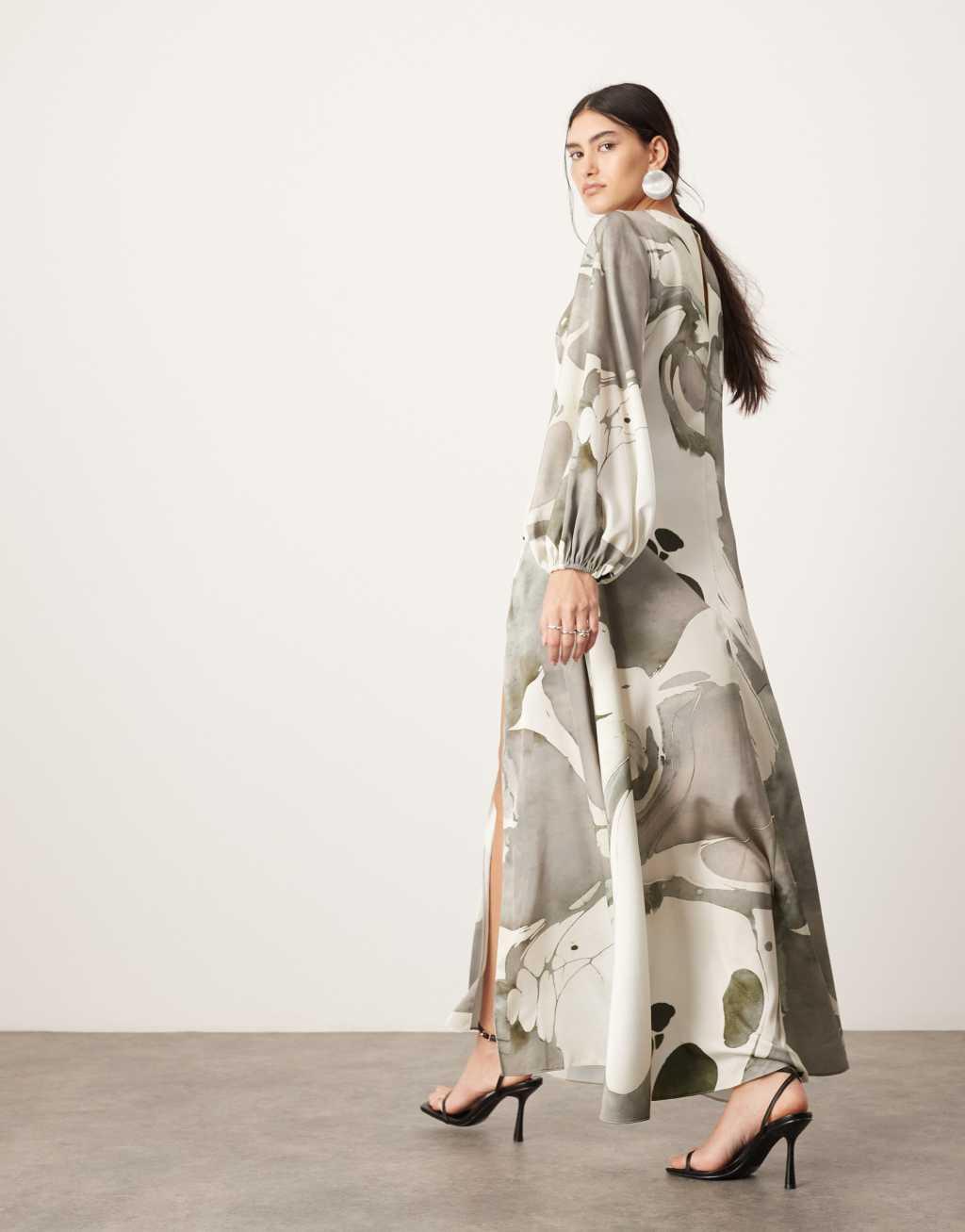 ASOS EDITION satin long sleeve smock dress in gray abstract print Product Image