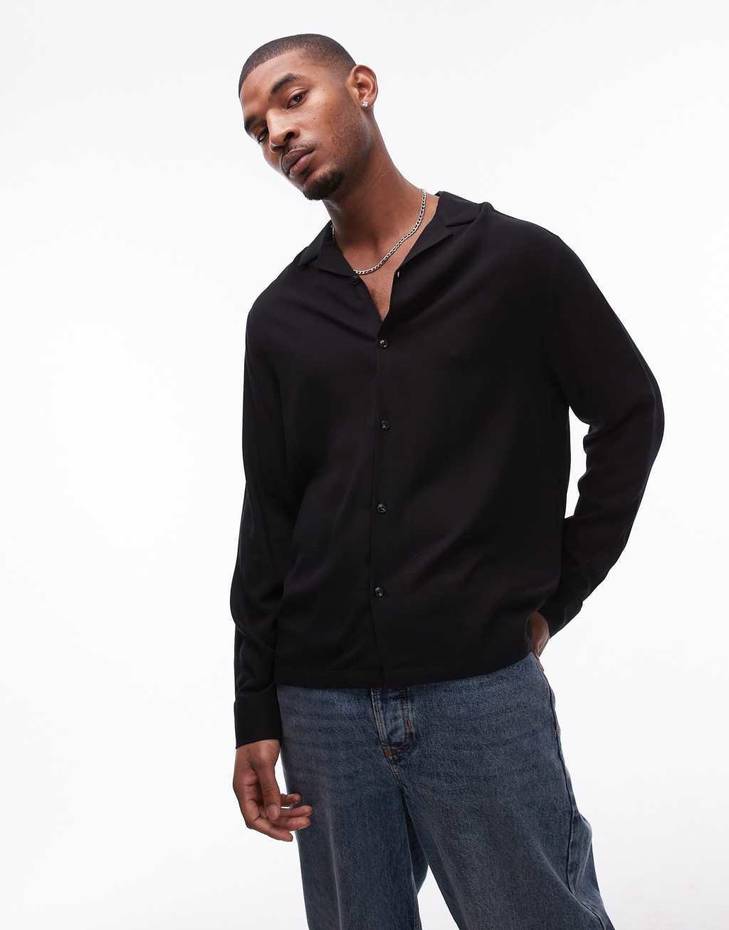 Topman long sleeve viscose shirt in black Product Image