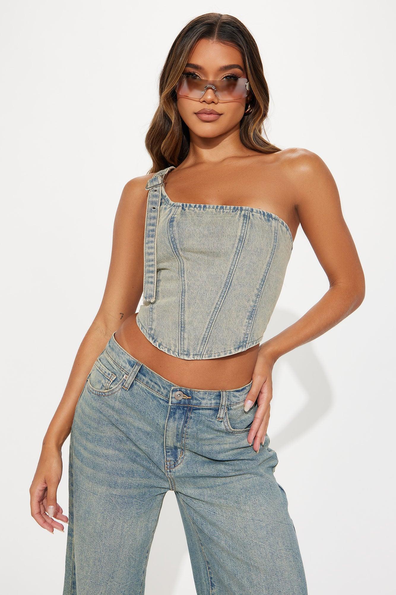 Eileen Washed Denim Corset Top - Vintage Wash Product Image