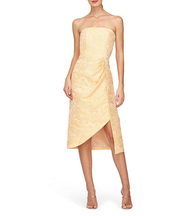 Kay Unger Lucy Textured Floral Jacquard Strapless Neck Sleeveless Faux Wrap Dress Product Image