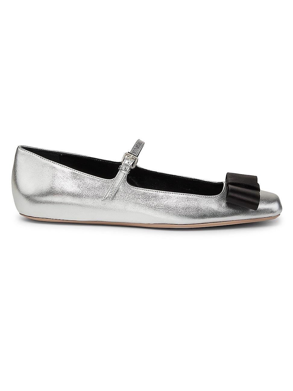 Womens Bow-Detailed Metallic Leather Ballerina Flats Product Image