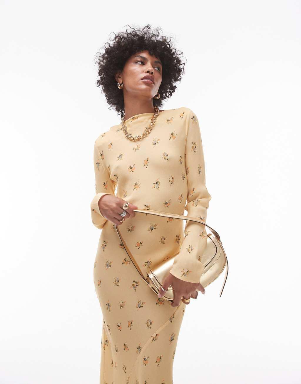 Topshop long sleeve slash neck maxi dress in yellow  Product Image