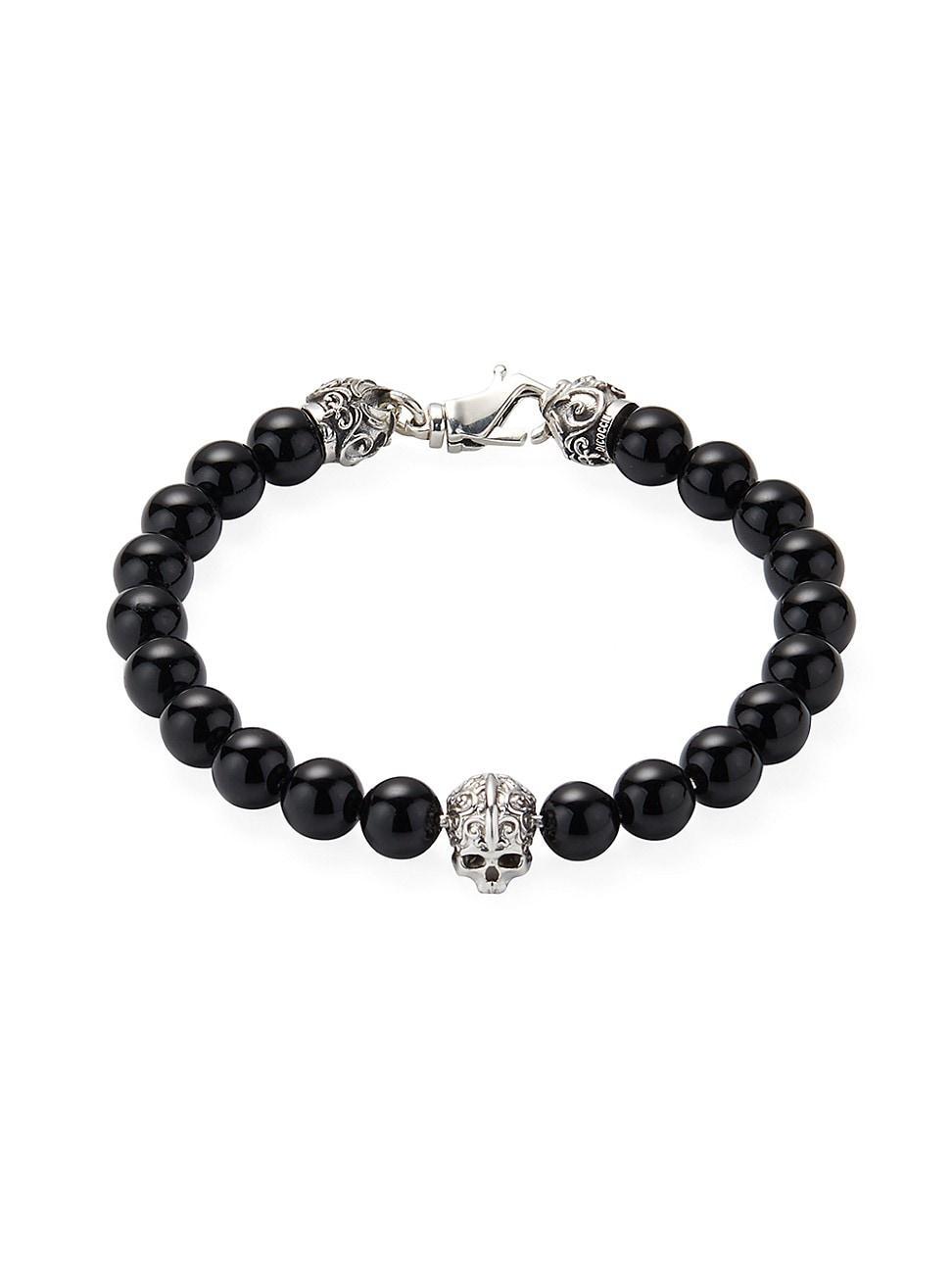 Mens Sterling Silver & Agate Skull & Beads Bracelet Product Image