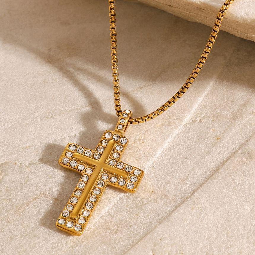 CZ Cross Pendant Stainless Steel Necklace Product Image