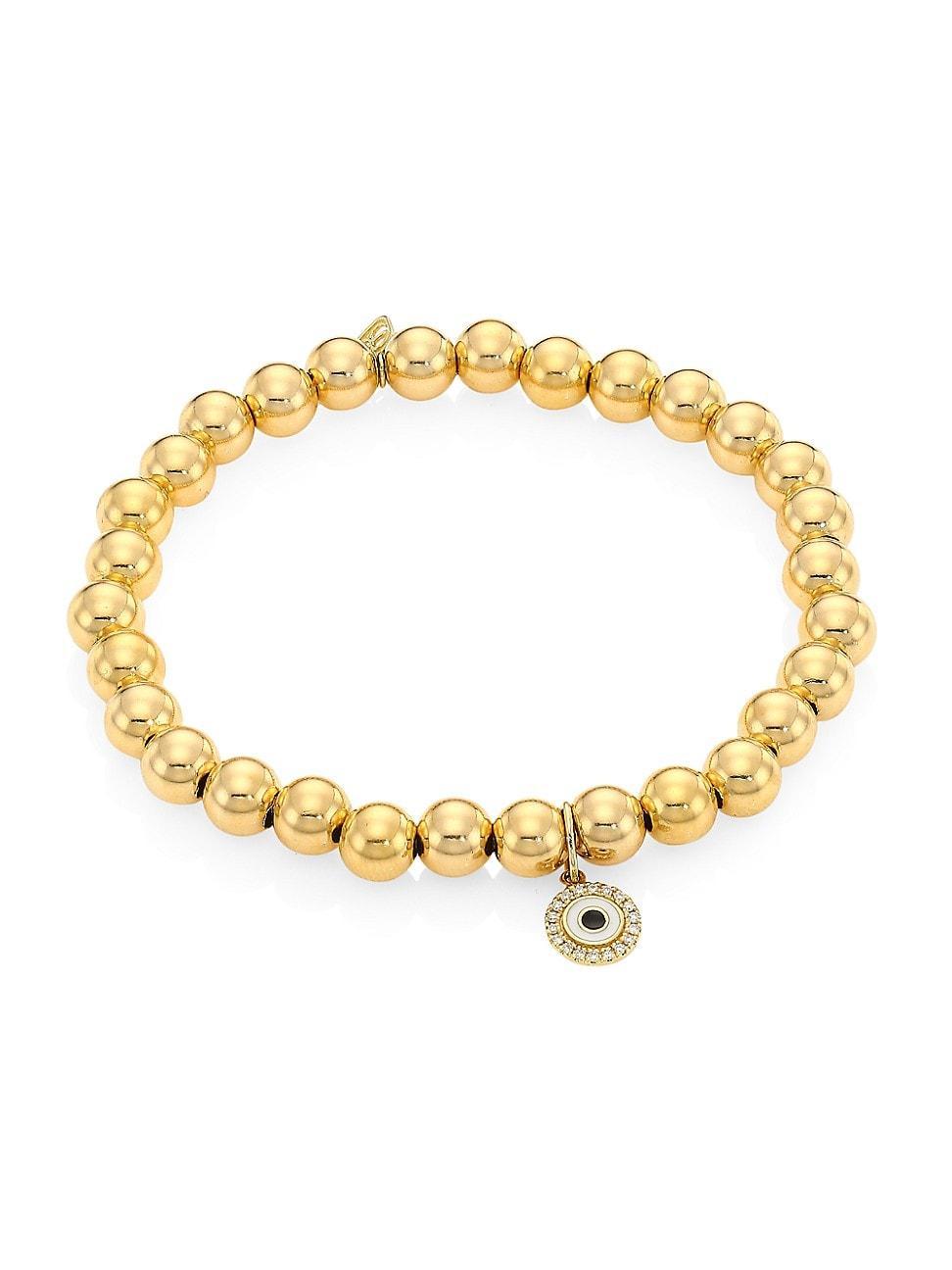 Womens 14K Yellow Gold & Diamond Evil Eye Charm Beaded Bracelet Product Image