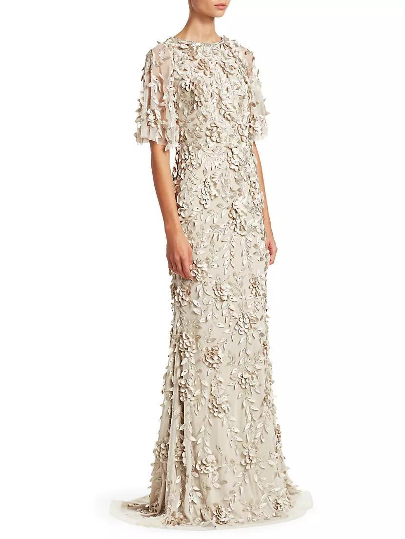 Embellished Flutter-Sleeve Tulle Gown Product Image