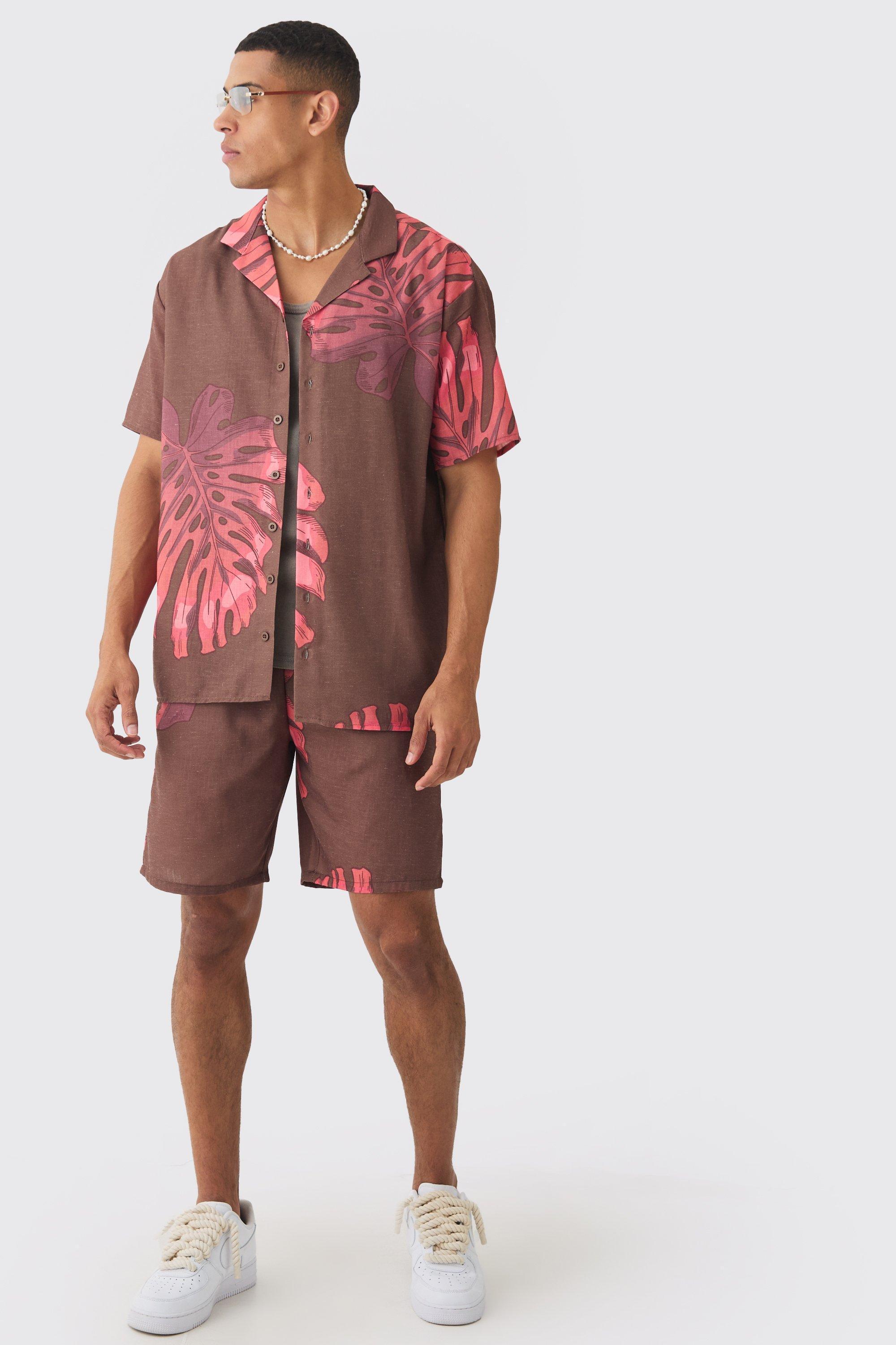 Oversized Linen Look Palm Shirt & Short | boohooMAN USA Product Image