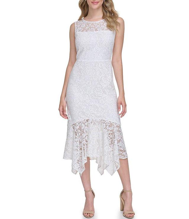 Kensie Floral Lace Illusion Crew Neck Sleeveless Handkerchief Hem Dress Product Image