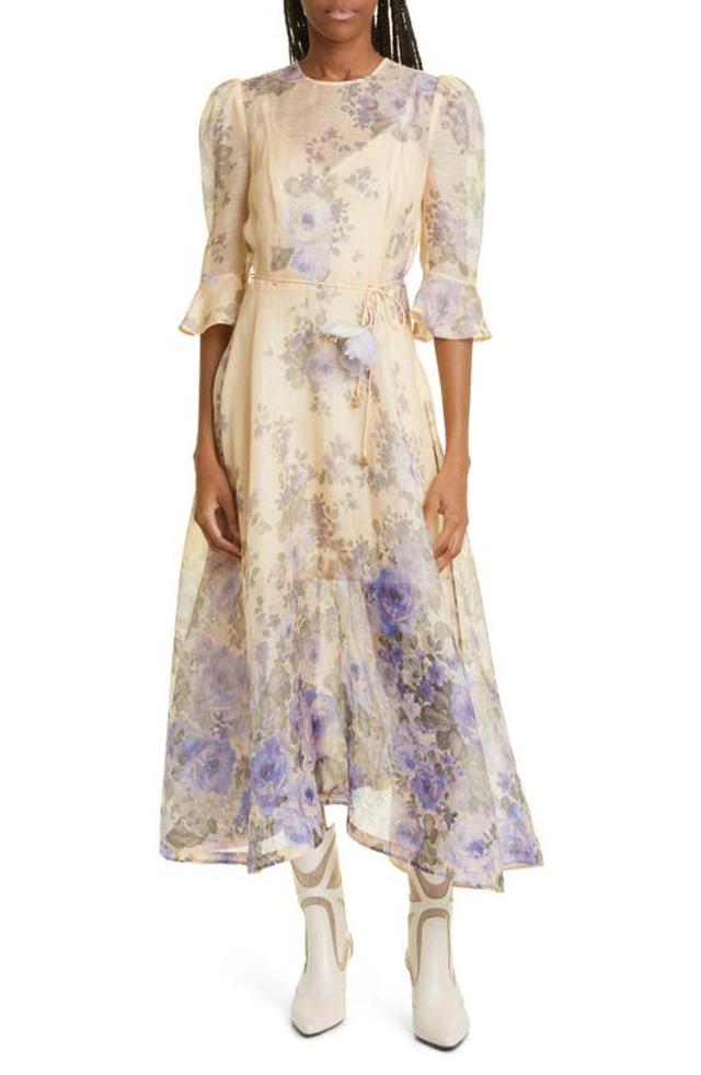 ZIMMERMANN Lyrical Flare-sleeve Midi Dress In Blue Floral Print Product Image