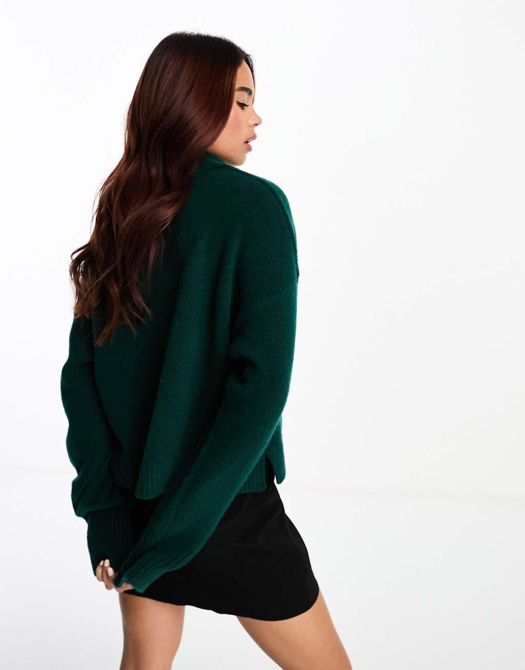  Monki long sleeve collar knitted sweater in dark green Product Image