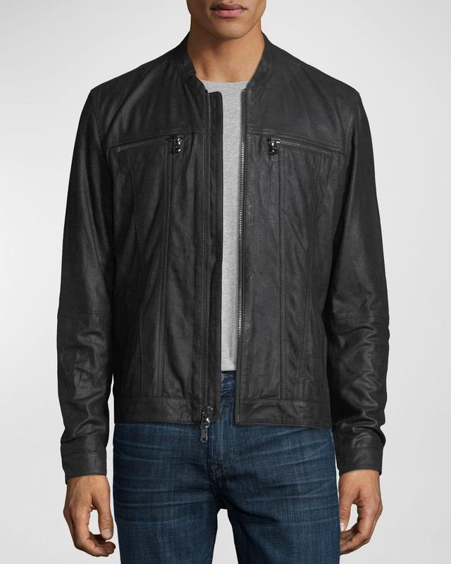 Mens Band Collar Leather Jacket Product Image