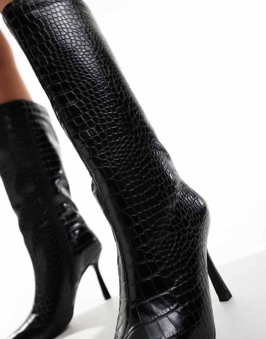 Glamorous Wide Fit kitten heel knee boots in black croc Product Image