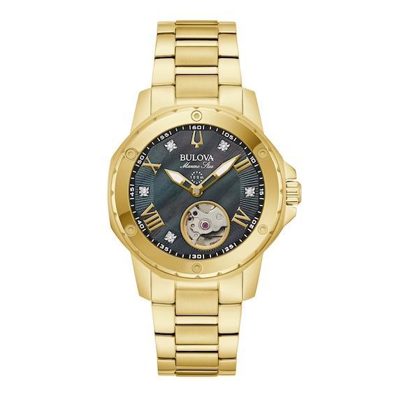 Ladies' Bulova Marine Star Black Mother of Pearl and Diamond Dial Watch in Gold-Tone Stainless Steel (Model 97P171) Product Image