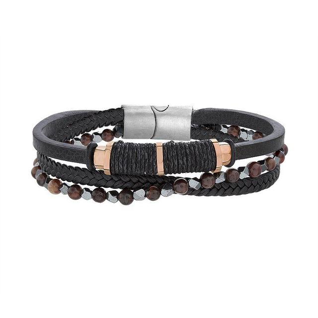 1913 Mens Tiger Eye & Hematite Bead Vegan Leather Multi Strand Bracelet Stainless Product Image