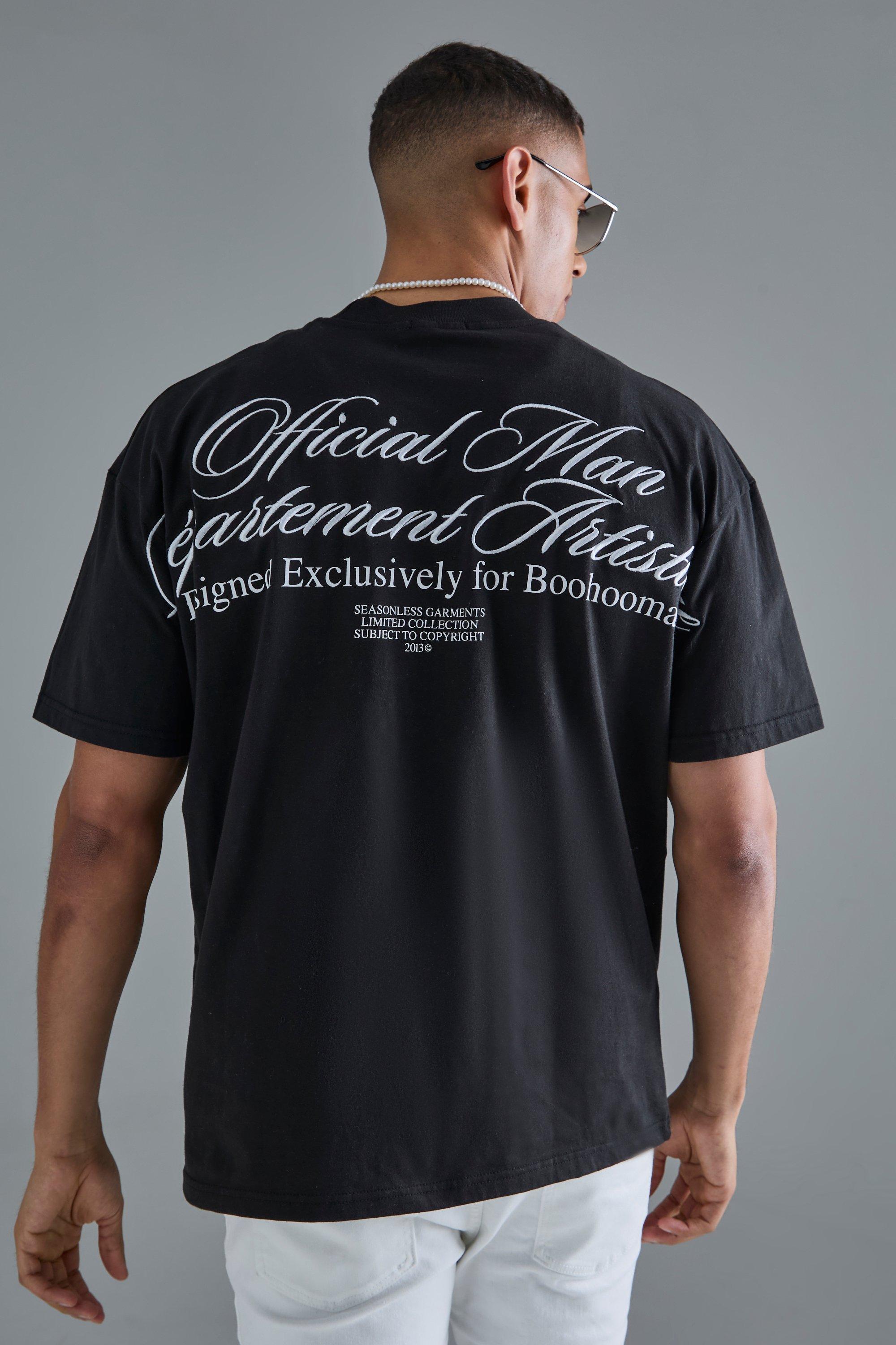 Mens Black Oversized Extended Neck Slogan Embroidered Heavyweight T-shirt, Black Product Image