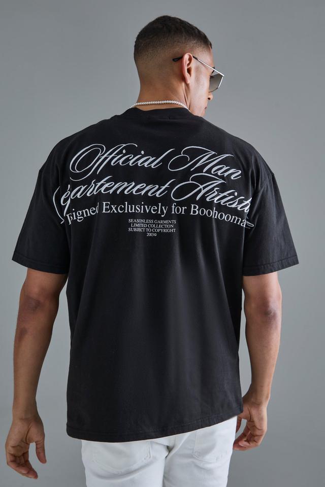 Mens Black Oversized Extended Neck Slogan Embroidered Heavyweight T-shirt, Black Product Image