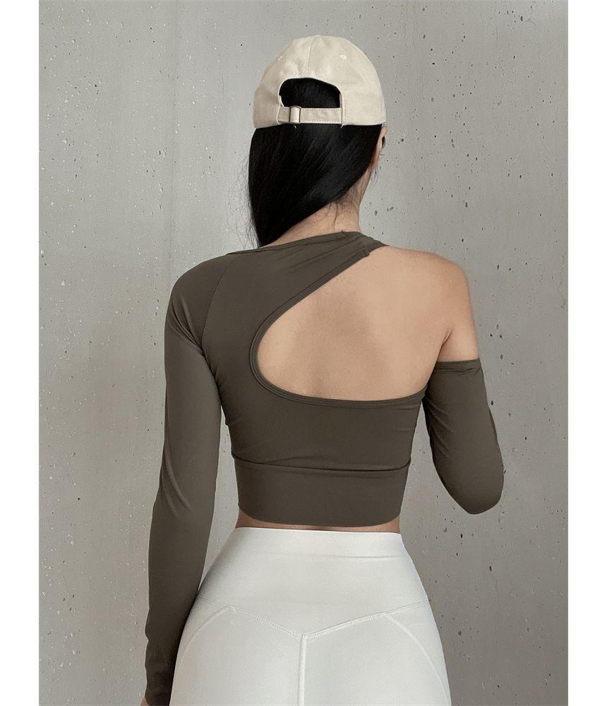 Long-Sleeve Round Neck Plain Cutout Crop Sports Top Product Image