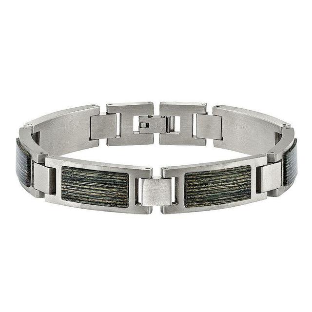 Mens Brushed Stainless Steel Grey Wood Inlay Bracelet Product Image