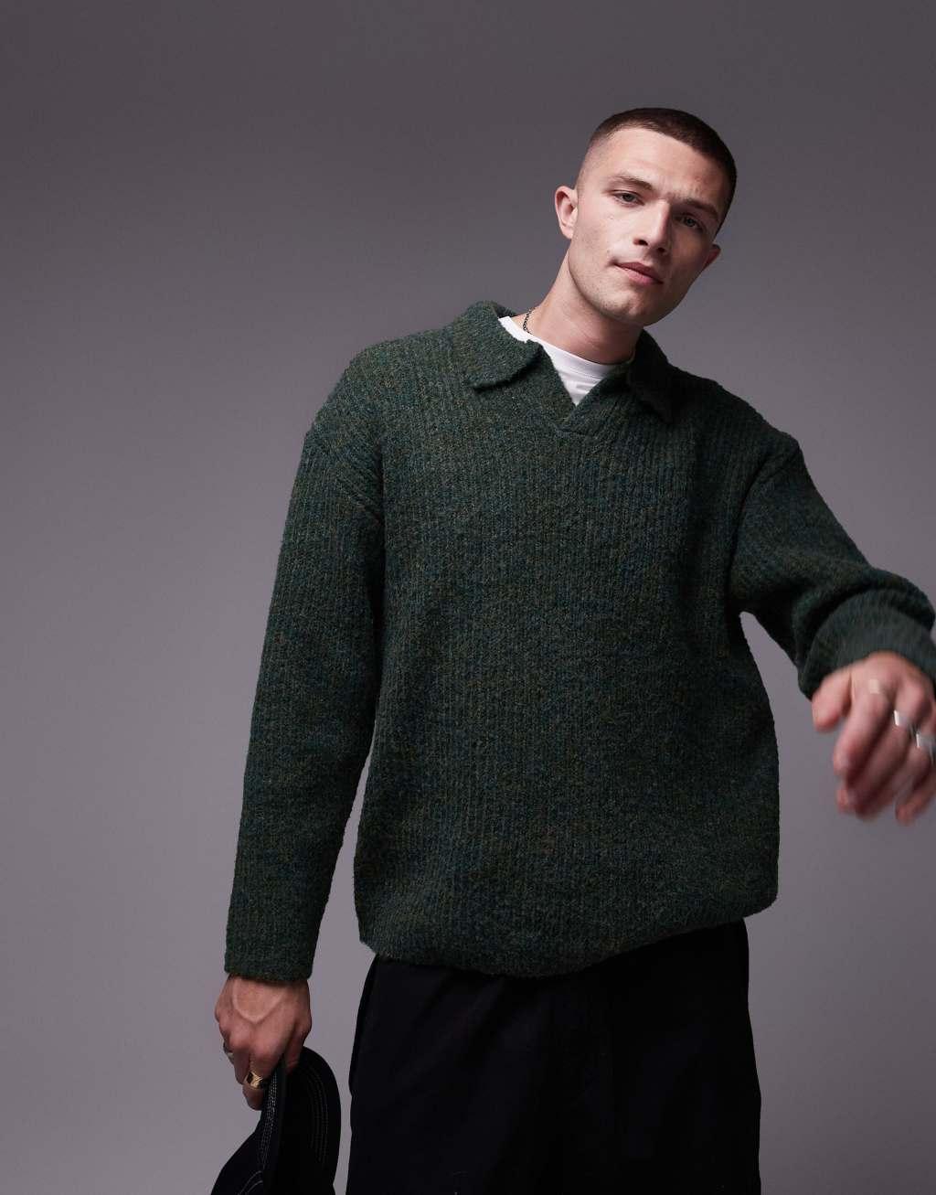 Topman relaxed open collar sweater in khaki Product Image