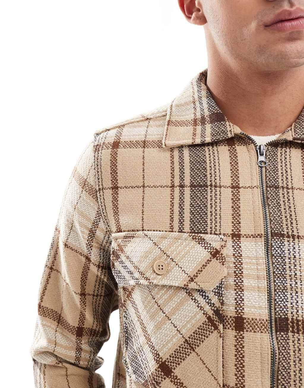 ONLY & SONS zip up faux wool shacket in beige plaid Product Image