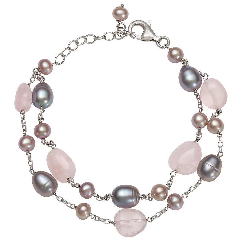 Sterling Silver Freshwater Cultured Pearl & Rose Quartz Bead Double-Strand Bracelet, Womens Product Image