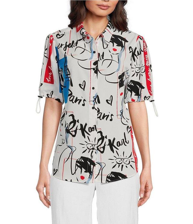 KARL LAGERFELD PARIS Printed Collared Short Sleeve Blouse Product Image