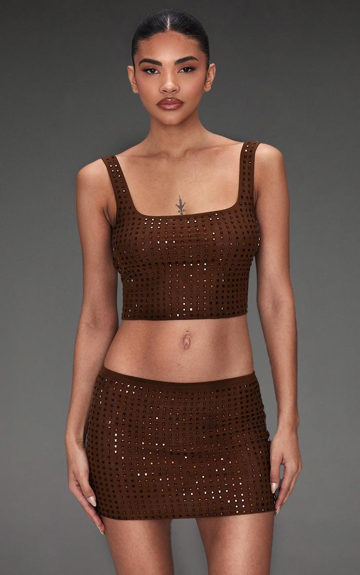 Chocolate Diamante Double Layer Mesh Scooped Back Cami Top Product Image