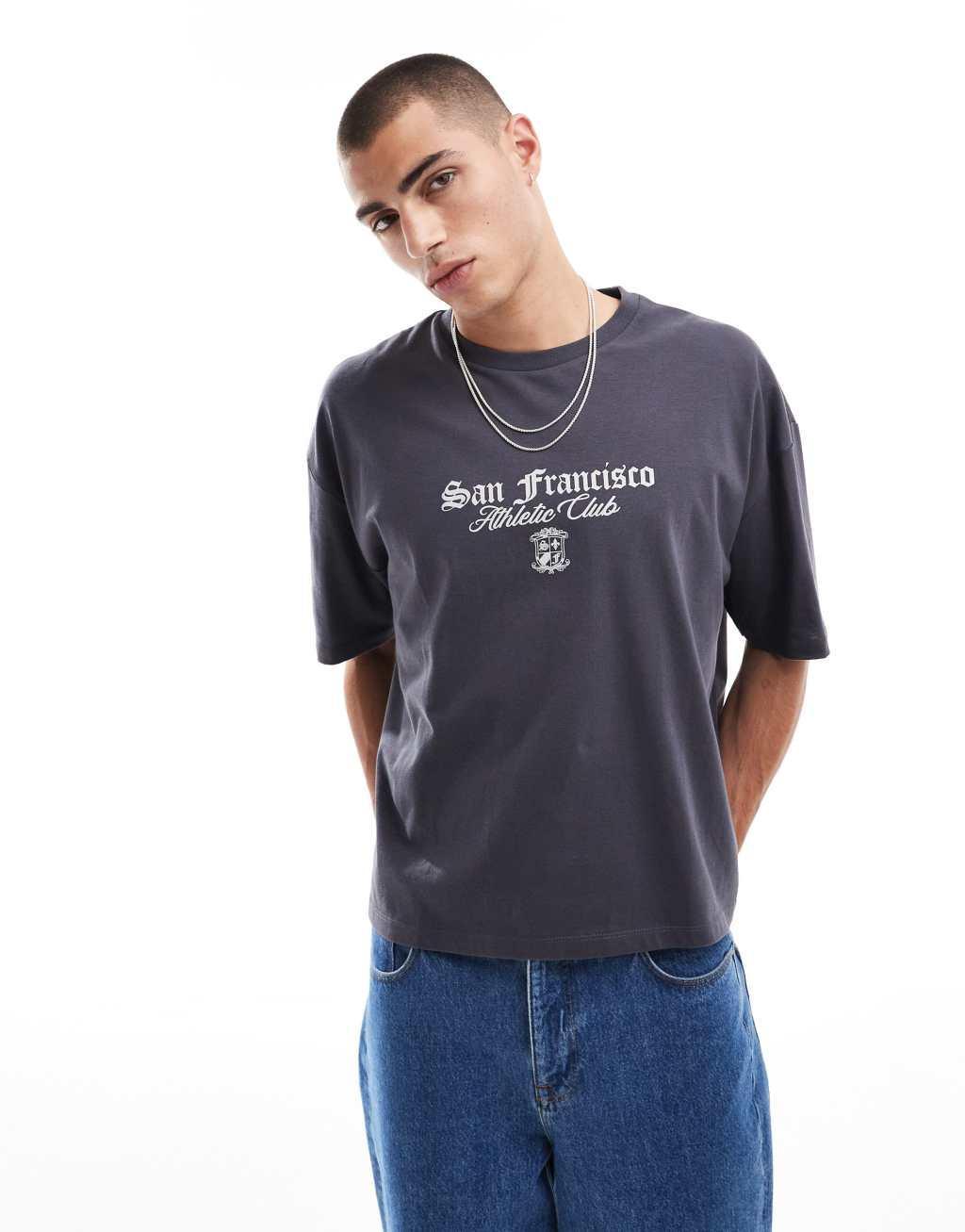 ASOS DESIGN boxy oversized t-shirt with city print in charcoal Product Image