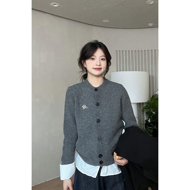 Crew Neck Mock Two-Piece Gingham Panel Button-Up Cardigan Product Image