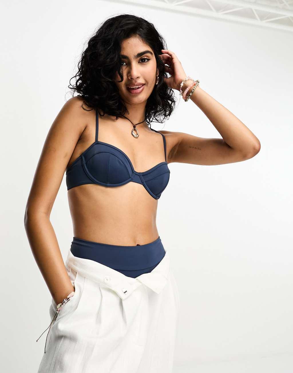 Weekday Blizz low wire bikini top in navy Product Image