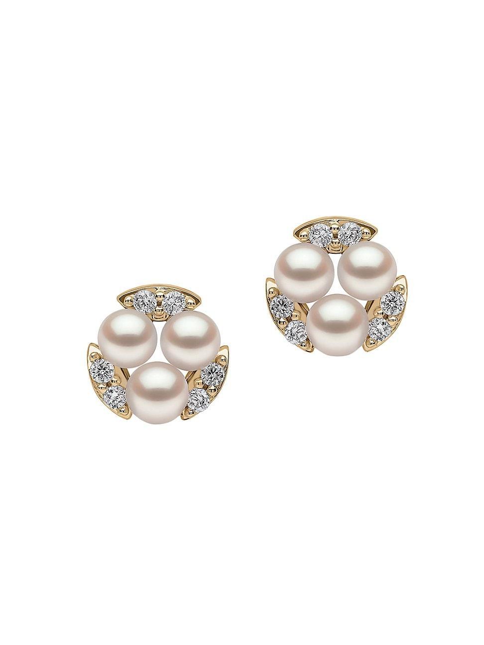 Womens Sleek 18K Yellow Gold, 3-3.5 Cultured Akoya Pearl, & Diamond Stud Earrings Product Image