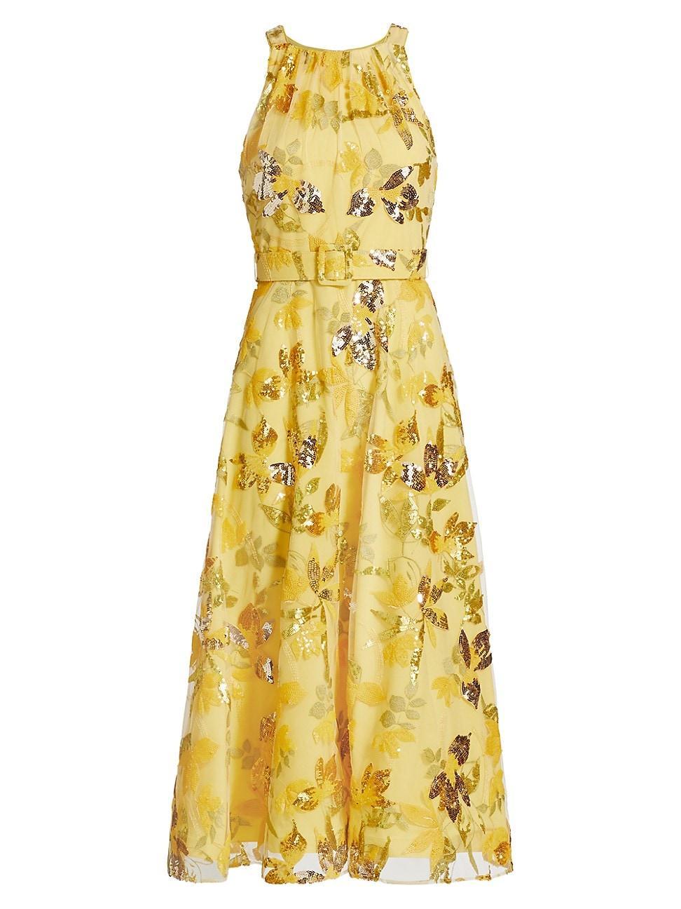 Womens Floral Sequin Belted Cocktail Dress Product Image