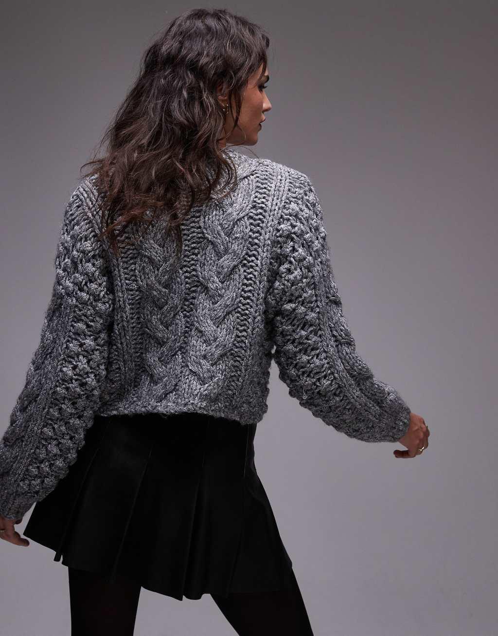 Topshop hand knit chunky cable knit cardigan in gray  Product Image