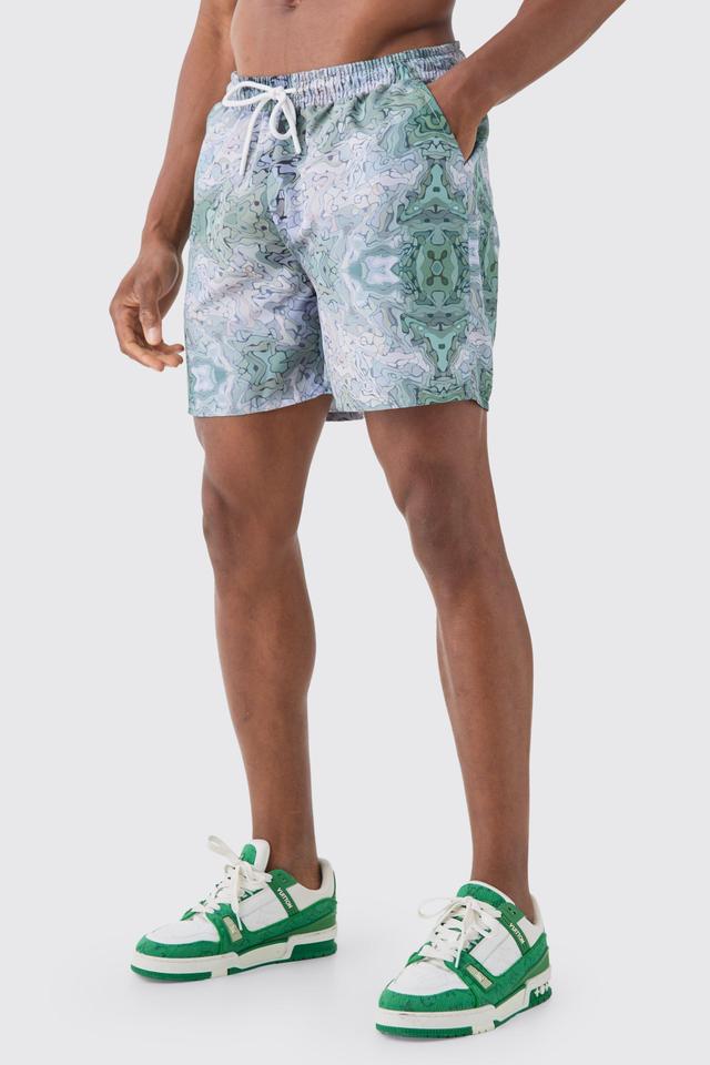 Mid Length Abstract Camo Swim Trunks | boohooMAN USA Product Image