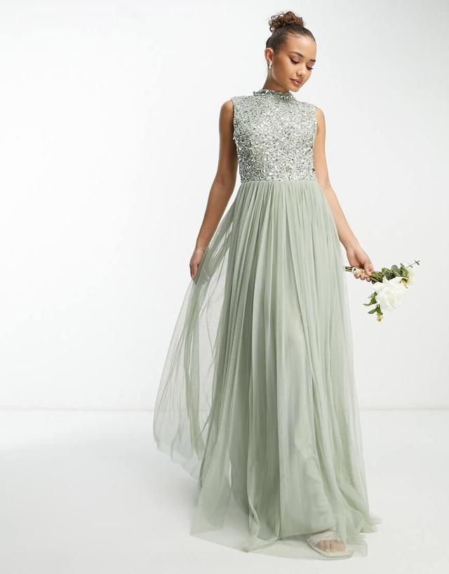 Beauut Bridesmaid 2 in 1 embellished maxi dress with full tulle skirt in sage  Product Image