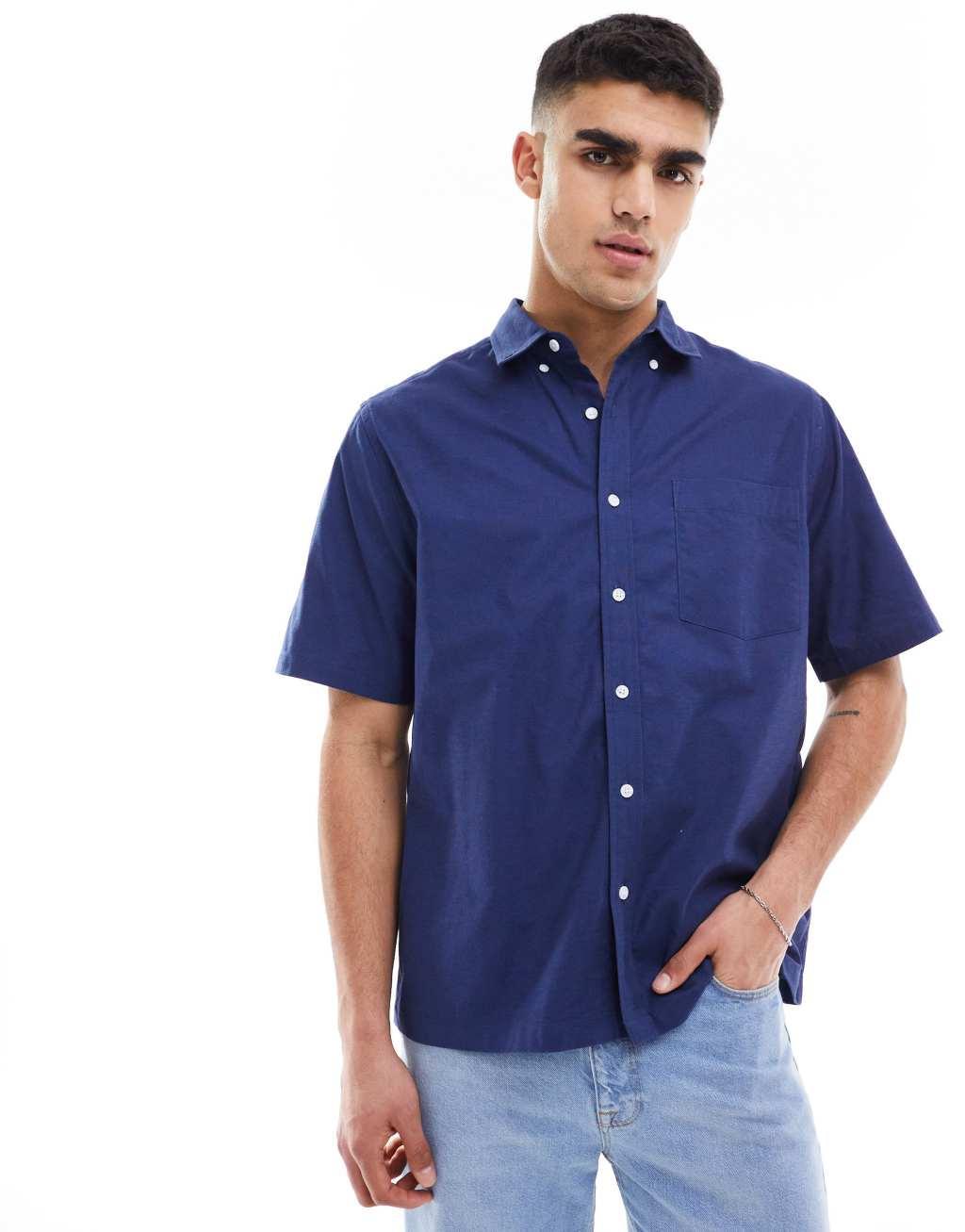 ASOS DESIGN relaxed short sleeve oxford shirt in navy  Product Image