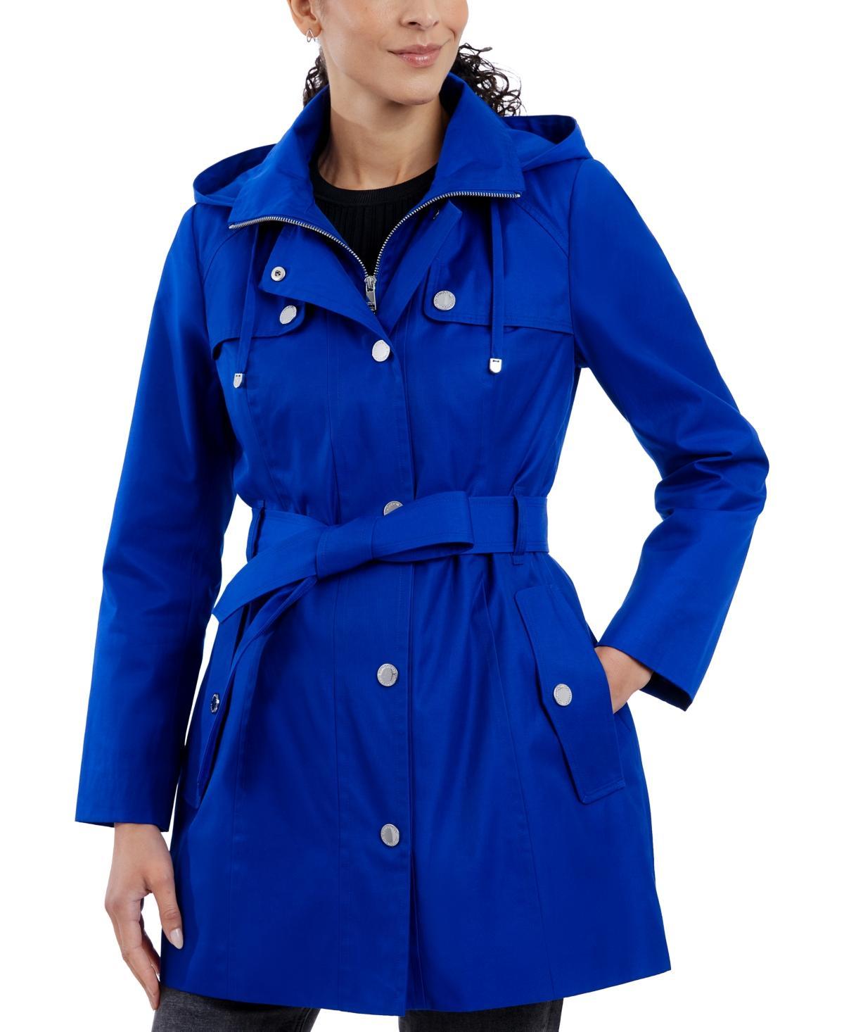 London Fog Womens Hooded Belted Zip-Front Raincoat Product Image