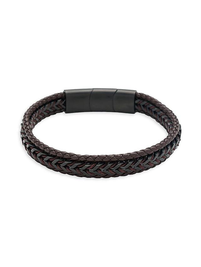 Mens Woven Leather and Stainless Steel Bracelet Product Image