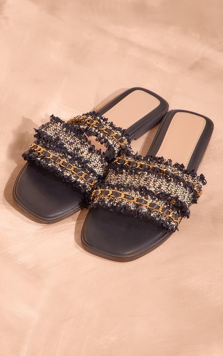 Black Round Toe Boucle Chain Strap Mule Sandals Product Image