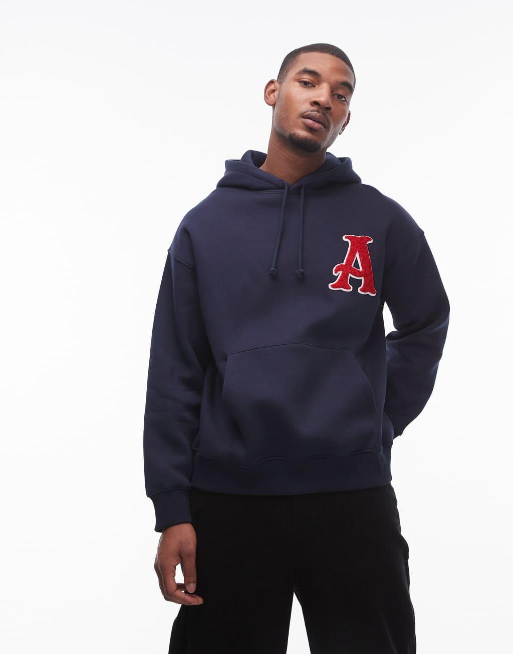 Topman oversized fit hoodie with letter chenille embroidery in navy Product Image