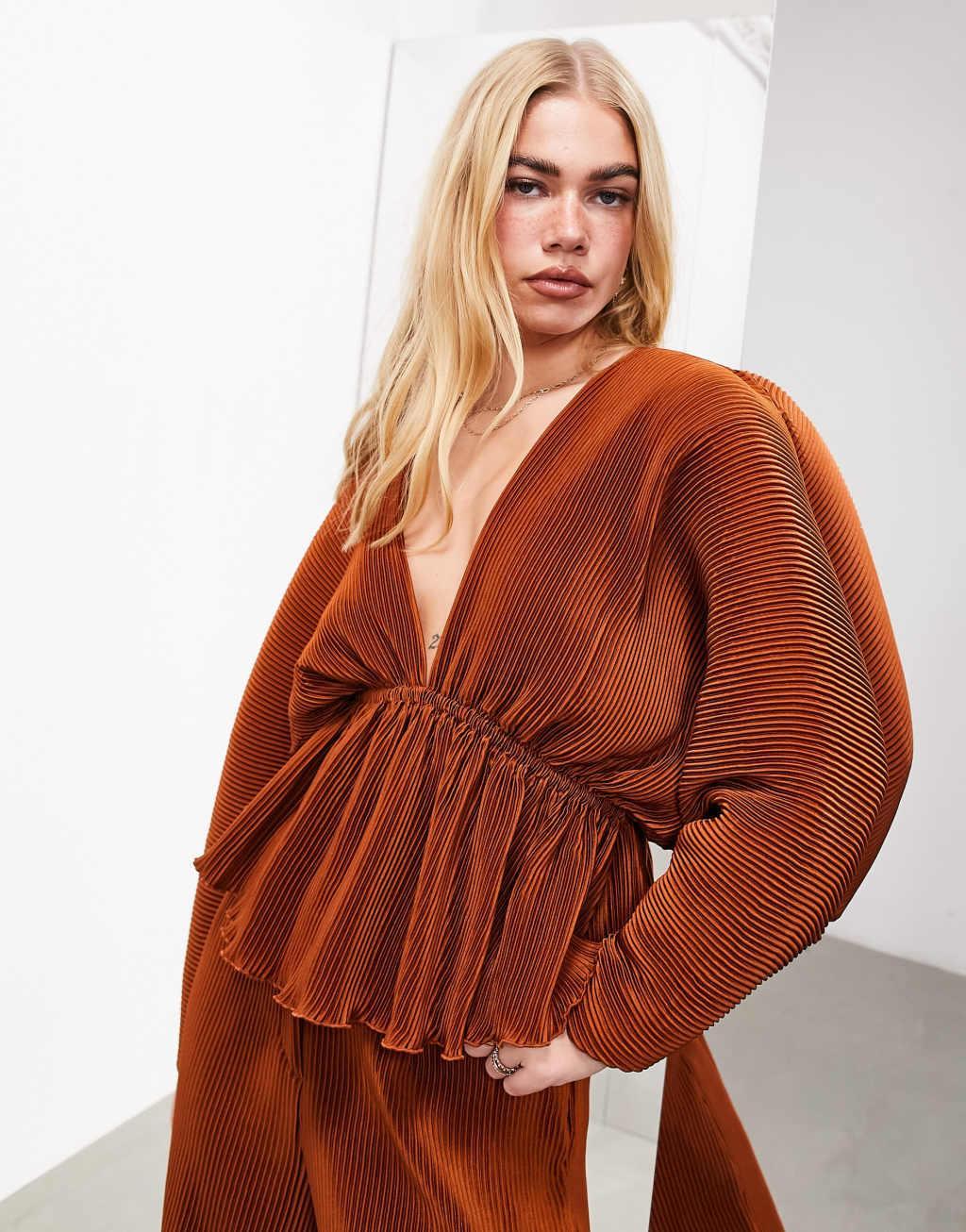 ASOS EDITION plisse volume sleeve plunge neck top in rust product image