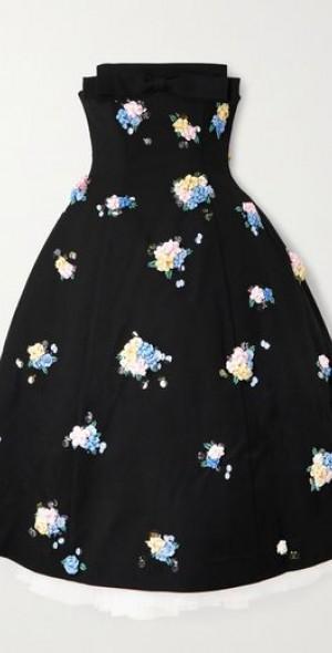 Strapless bow-detailed embellished twill midi dress Product Image